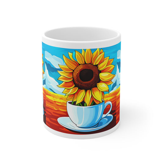 Sun-Flower White Ceramic Breakfast Mug, 11oz  -  USA and UK Only