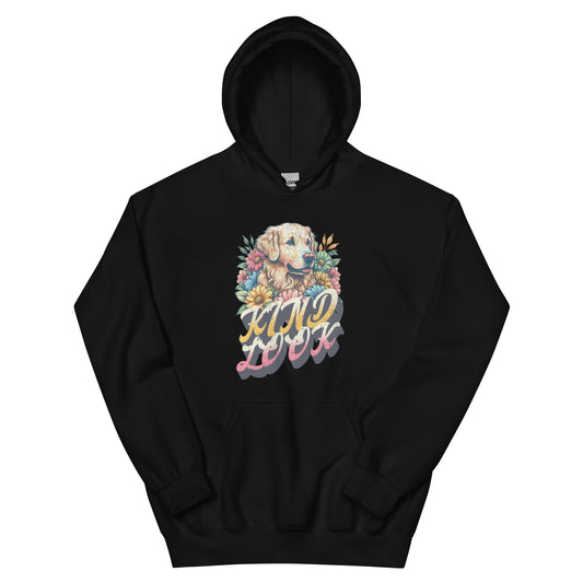 Black unisex hoodie with a floral design featuring a dog and the text "Kind Look," celebrating pet companionship.