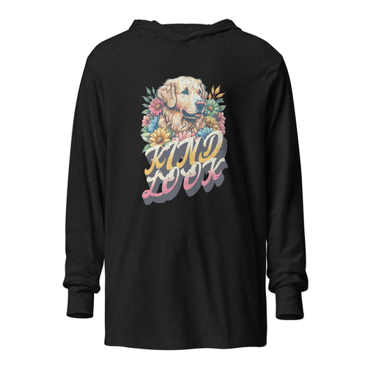 Whimsical long-sleeve hooded tee with floral dog design and "KIND LOOK" text on a black background.